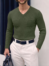 Men's Early Autumn Urban Casual Ribbed Double Pocket Long Sleeve V-Neck Sweater SKUL81073