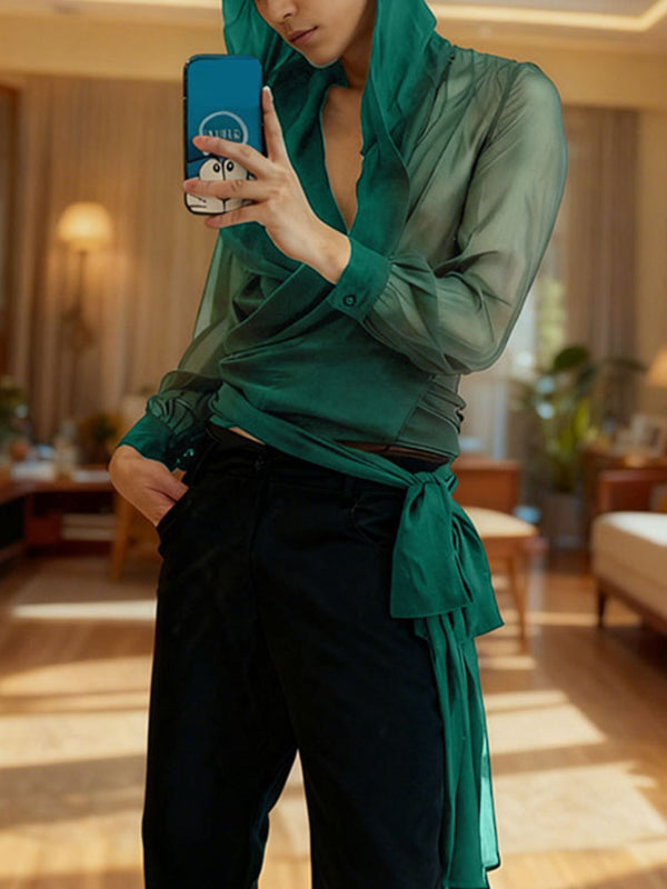 Men's Sheer Mesh Hooded Long Sleeve Shirt SKUL32850