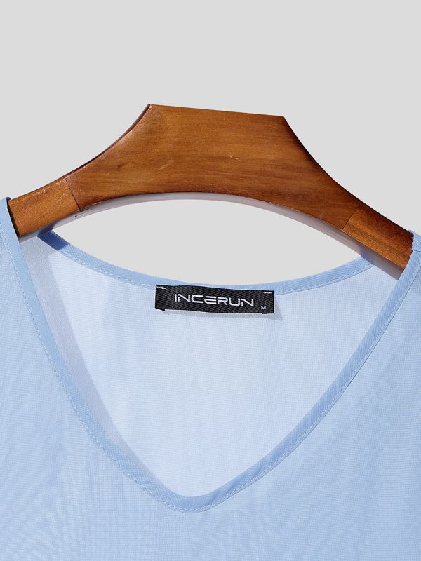 Men's Sheer Chiffon Deep Side Split Tie Hem V-Neck Tank SKUL63642