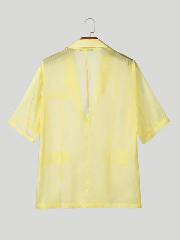 Men's Avant-Garde Sheer Organza Mesh Notch Lapel Asymmetric Split Short Sleeve Blazer SKUL58779