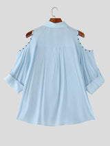 Men's Avant-Garde Riveted Cold-Shoulder Utility Short Sleeve Shirt SKUL54737