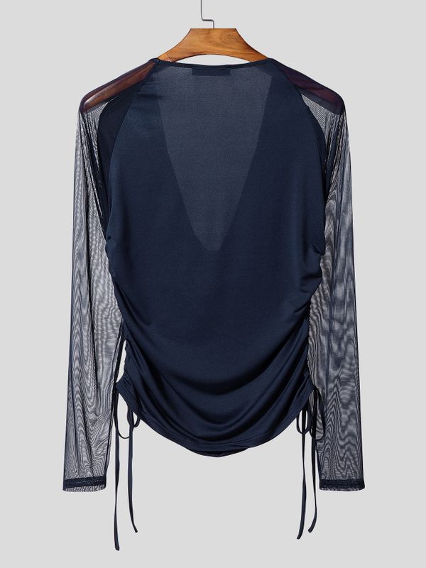 Men's Semi Sheer Mesh Draped Neck Long Sleeve T-shirt SKUL54094
