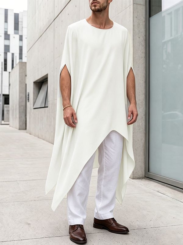 Men's High Street Loose Solid Asymmetrical Hem Long Poncho Tunic Cape SKUL76768
