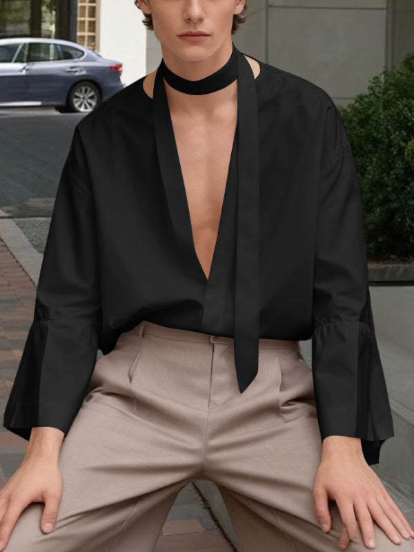 Men's Ribbon Deep V Neck Long Sleeve Shirt SKUL46568