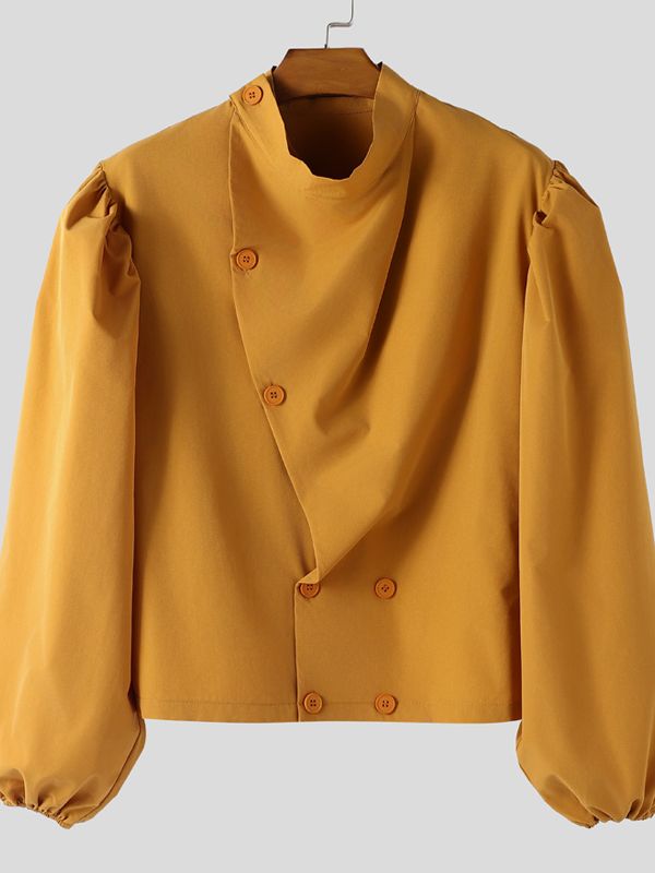 Men's Solid Asymmetrical Placket Puff Sleeve Shirt SKUL38918