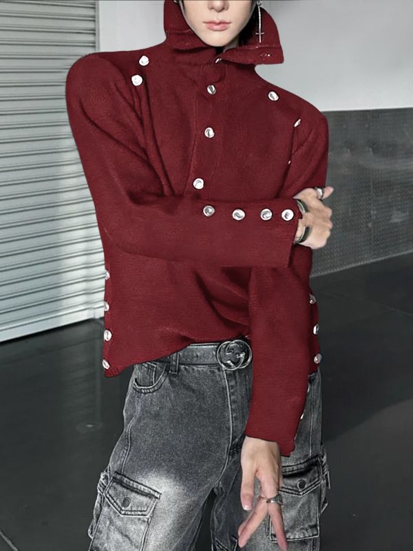 Men's Deconstructed Metal Buckle High Neck Long Sleeve T-shirt SKUL42254