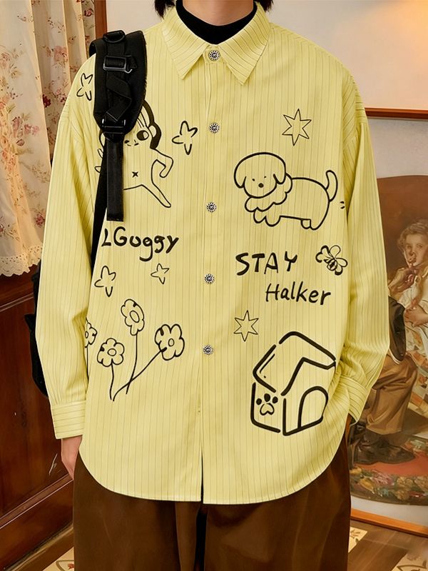 Men's Hand Drawn Cartoon Print Long Sleeve Shirt SKUL48771