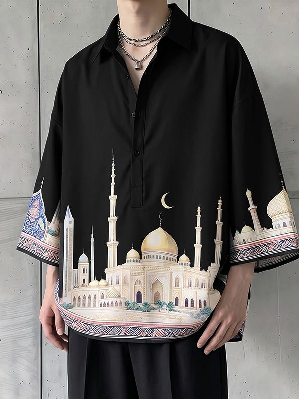 Men's Vintage Avant-Garde Castle Architecture & Crescent Moon Print Short Sleeve Shirt SKUL61998