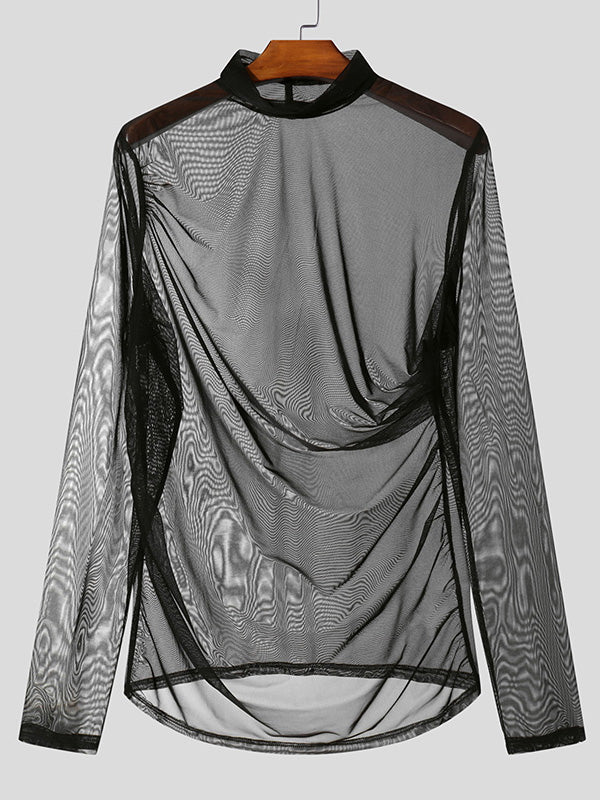 Mens Pleated Design Sheer Mesh Long-Sleeve T-Shirt SKUK87959