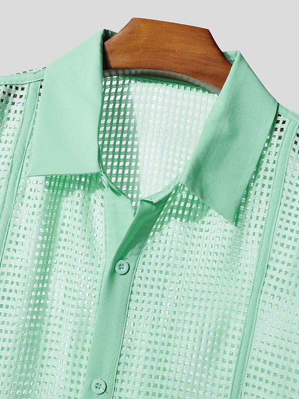 Men's Ribbon Patchwork Hollow Mesh Long Sleeve Shirt SKUL46178