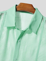 Men's Ribbon Patchwork Hollow Mesh Long Sleeve Shirt SKUL46178