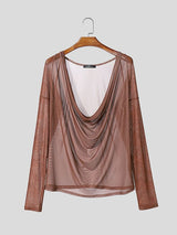Men's Avant-Garde Draped Cowl Neck Floral Lace Sleeve Mesh T-shirt SKUL52648
