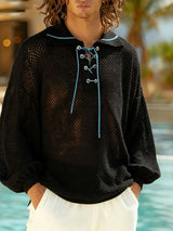 Men's Sheer Hollow Drawstring Long Sleeve Shirt SKUL47629
