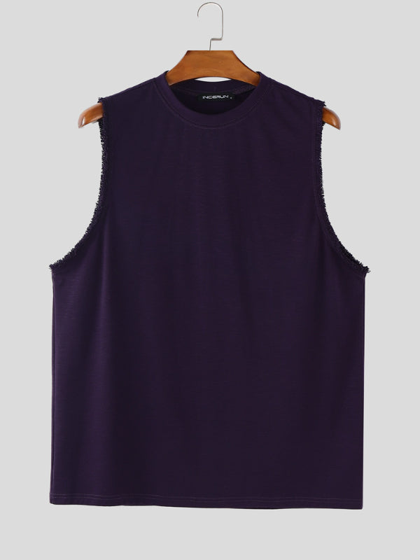 Mens Solid Color Fringe Patchwork Casual Tank SKUL18989