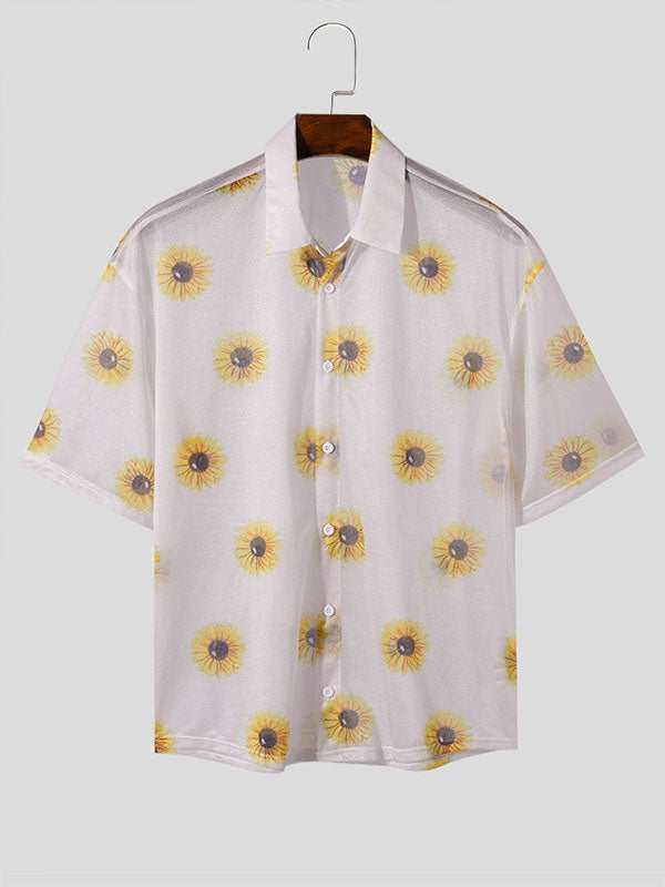 Mens Sunflower Print See Through Casual Shirt SKUK58876