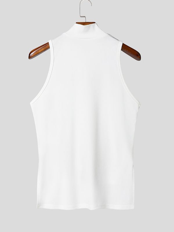 Men's Cyberpunk Streetwear Slim Fit Mesh Patchwork Multi Zipper Halter Mock Neck Tank SKUL63646