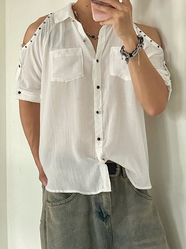 Men's Avant-Garde Riveted Cold-Shoulder Utility Short Sleeve Shirt SKUL54737