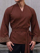 Men's Retro Resort Wave Embroidery Belted Wide Long Sleeve V-Neck Cardigan SKUL78345