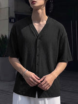 Men's Early Autumn Vacation Crinkle Texture Solid Button Down Short Sleeve Shirt SKUL81227