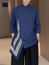 Men's Asymmetric Patchwork Stand Collar 3/4 Length Sleeve Shirt SKUL50560