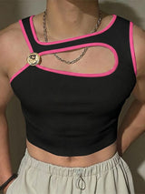 Men's Avant-Garde Genderless Contrast Binding Metal Button Chest Cutout Cropped Fitted Tank SKUL72439