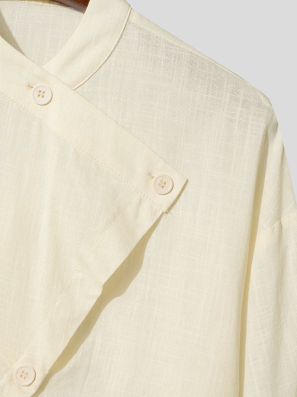 Men's Modern Chinese Zen Aesthetic Asymmetric Slant Button Raw Hem Short Sleeve Shirt SKUL71271