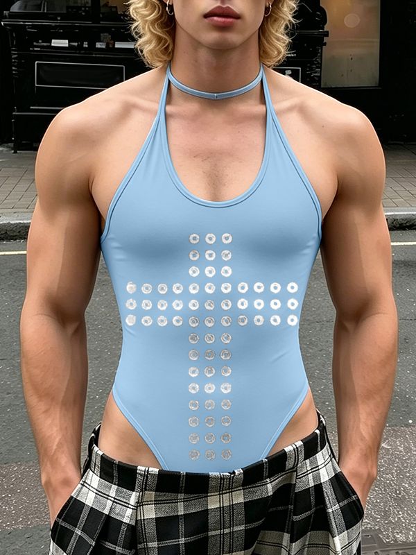 Men's Gothic Cross Print Halter Neck High Cut Bodysuit SKUL56554