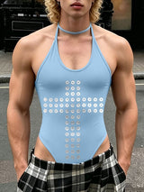 Men's Gothic Cross Print Halter Neck High Cut Bodysuit SKUL56554