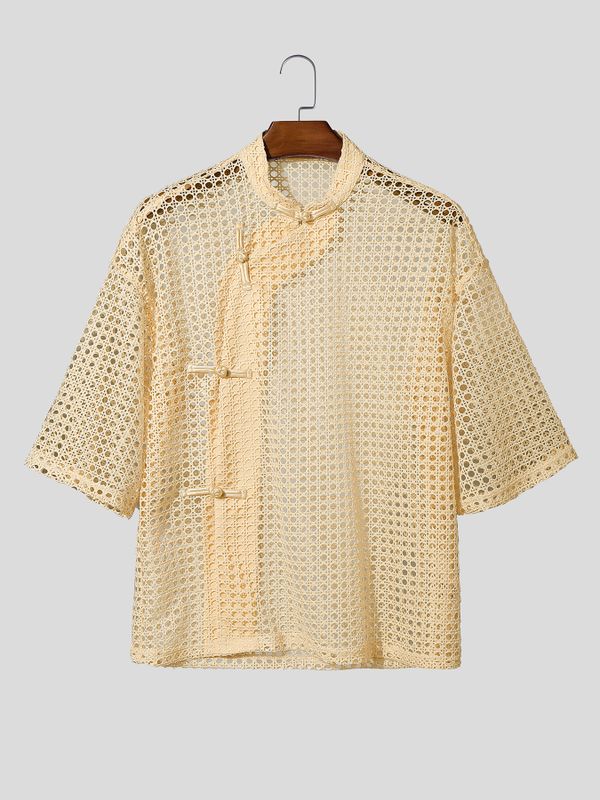 Men's Hollow Out Mesh Frog Button Half Sleeve Shirt SKUL55348