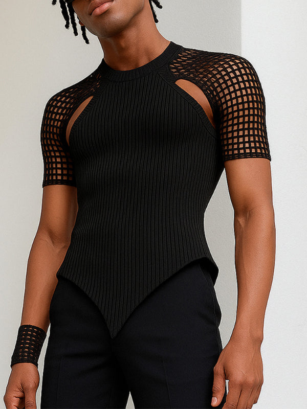 Men's Grid Mesh Patchwork Knit Short Sleeve T-Shirt SKUL22773