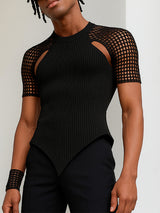 Men's Grid Mesh Patchwork Knit Short Sleeve T-Shirt SKUL22773