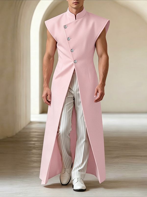 Men's Avant-Garde Asymmetrical Slant-Button High-Slit Sleeveless Floor-Length Shirt SKUL62064
