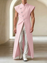 Men's Avant-Garde Asymmetrical Slant-Button High-Slit Sleeveless Floor-Length Shirt SKUL62064