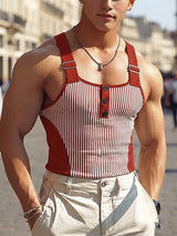 Men's Vintage Striped Color Block Buckle Strap Square Neck Fit Tank SKUL73602