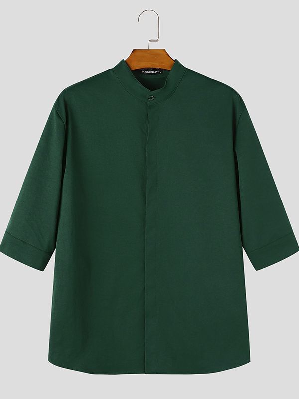Men's Minimalist Clean-Fit Daily Commute Concealed Placket Mandarin Collar 3/4 Sleeve Shirt SKUL84679