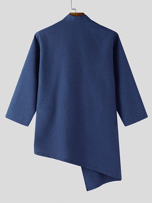 Men's Asymmetric Patchwork Stand Collar 3/4 Length Sleeve Shirt SKUL50560
