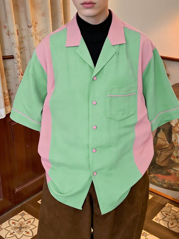 Men's Retro Color-Block Patchwork Cuban Collar Shirt SKUL63835