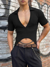 Men's Solid Color Textured Lapel Short Sleeve Shirt SKUL57814