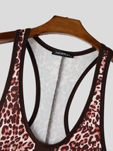 Men's Wild Sexy Leopard Print Mesh Spliced Deep U Neck Bodysuit SKUL73617