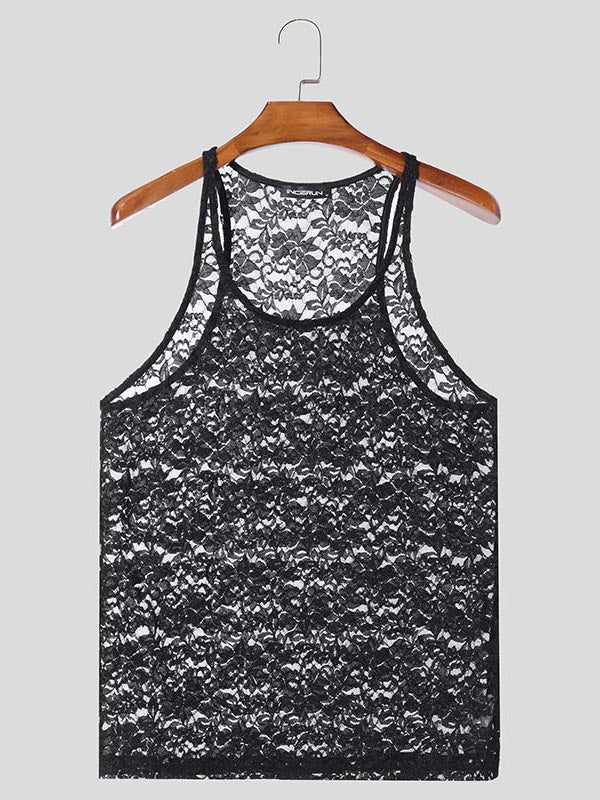 Mens Floral Print Lace Sheer Tank SKUK98888
