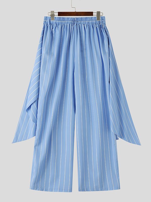 Men's Avant-Garde Asymmetric Pinstripe Skirted Layered Wide-Leg Pant SKUL65878