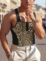 Men's Clubwear Leopard Print Color Block Strap Button Tank SKUL73608