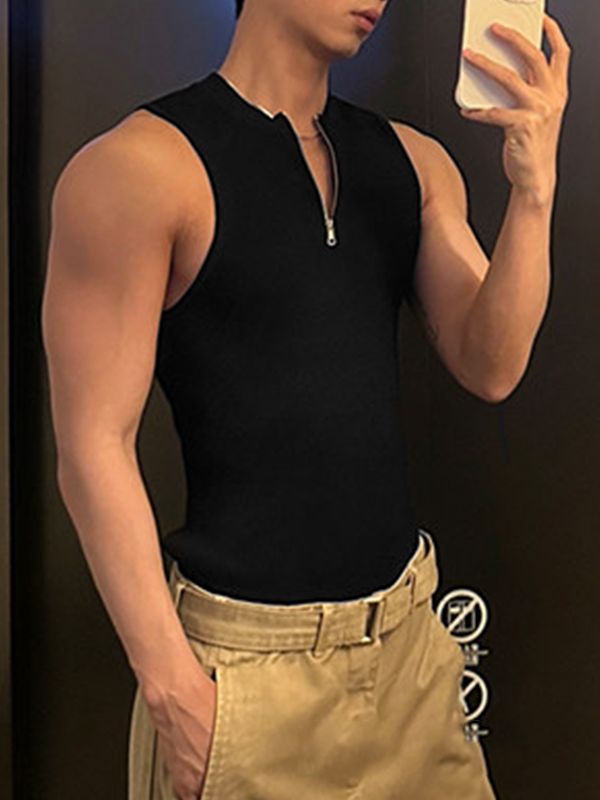 Men's Korean Minimalist Casual Ribbed Knit Half Zip Slim Fit Tank SKUL69704
