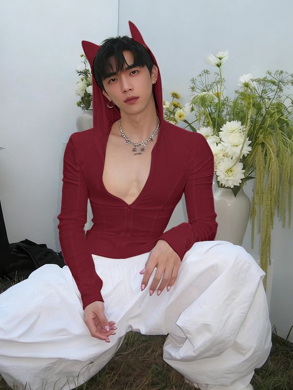 Men's Deconstructed Bat Ear Long Sleeve Zipper T-shirt SKUL35256