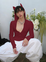 Men's Deconstructed Bat Ear Long Sleeve Zipper T-shirt SKUL35256