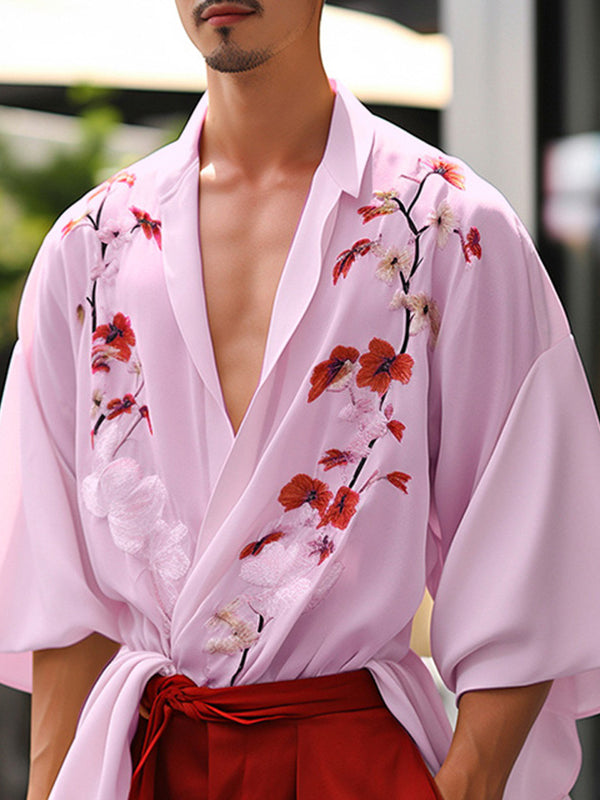 Mens Floral Print Open Front Casual Kimono SKUK56697