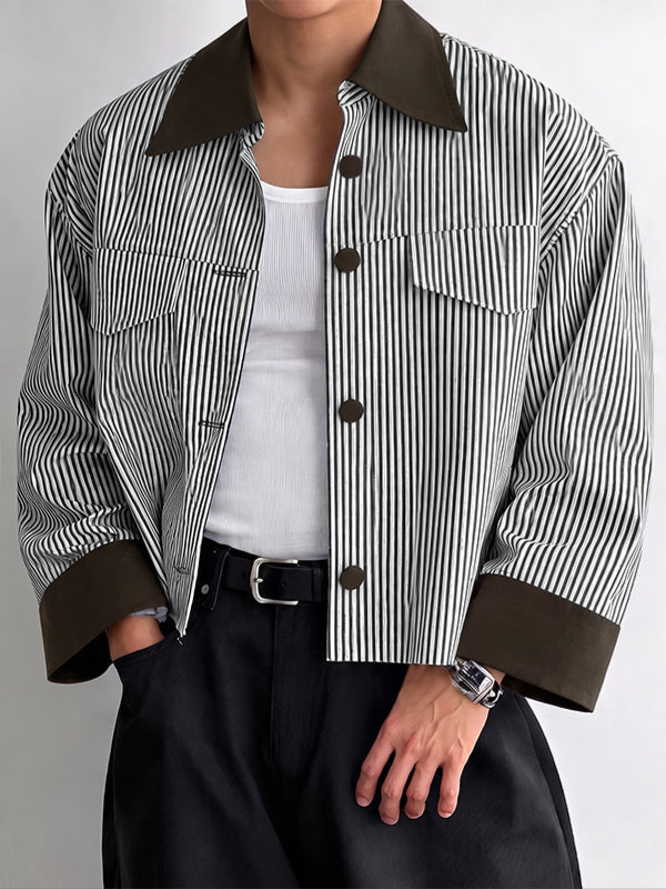 [Pre-order] Men's Retro Minimalist City Walk Contrast Collar Striped Flap Pocket Cropped Shirt SKUL88424