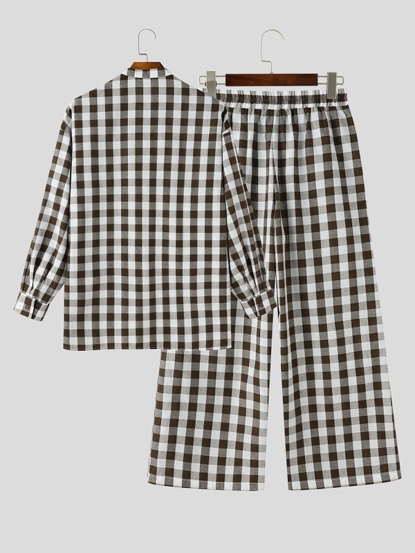 Men's Vintage Casual Gingham Plaid Two Pieces Outfit SKUL79539