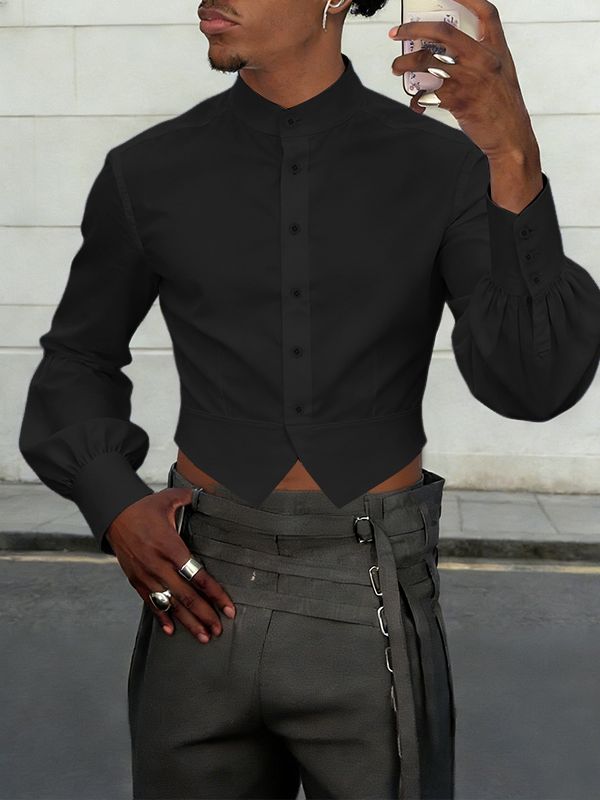 Men's Solid Color Stand Collar Cropped Long Sleeve Shirt SKUL54007