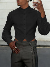 Men's Solid Color Stand Collar Cropped Long Sleeve Shirt SKUL54007